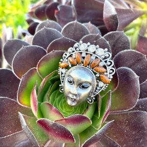 Vintage Oversized GODDESS ring costume jewelry big orange warrior female face